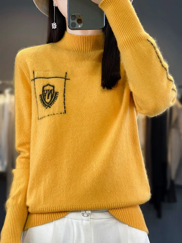 Autumn and winter new 100% merino wool women\'s semi high neck sweater knitting casual pullover loose soft color contrast blouse