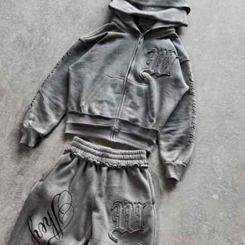 Ensemble de survêtement à broderie en détresse gris, Y2K Streetwear surdimensionné à capuche et pantalon pour femmes, tenue décontractée énervé en deux pièces