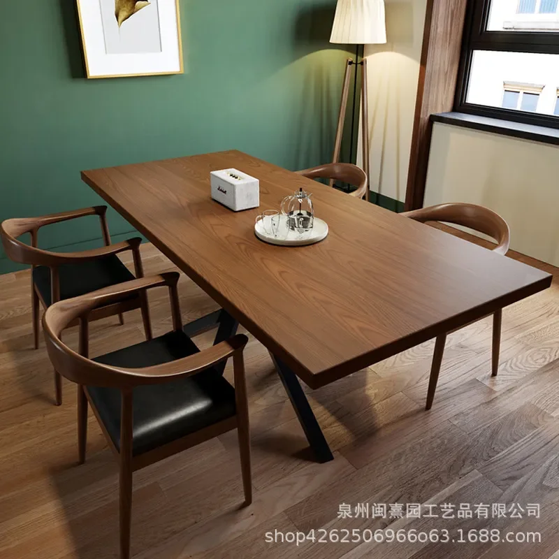 Nordic Solid Wood Dining Table Set with Chairs Creative Simple Log Design Integrated Reception Workbench for Home Western