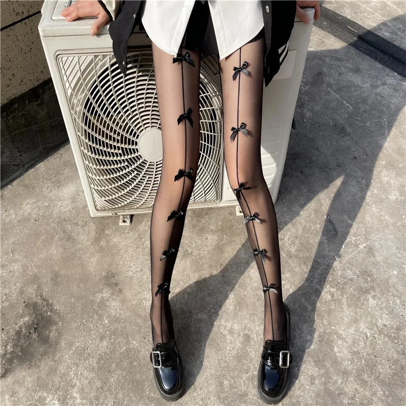 Bow Cool Hot Girl Black Silk Thin Arbitrary Cut Pantyhose Sweet Pure White Stockings