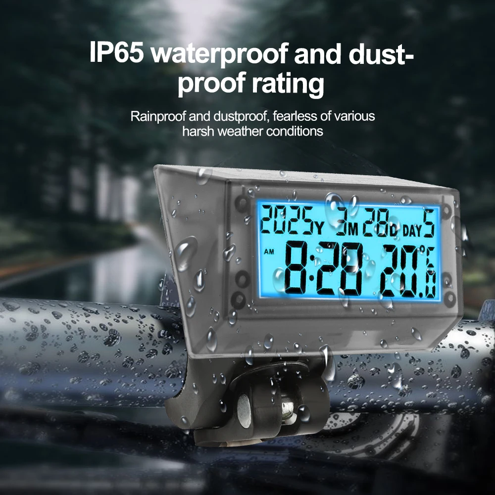 ساعة دراجة نارية عالمية تعمل بالطاقة الشمسية، درجة حرارة إلكترونية متعددة الوظائف مع عرض إضاءة خلفية، ملحقات موتو مقاومة للماء #5