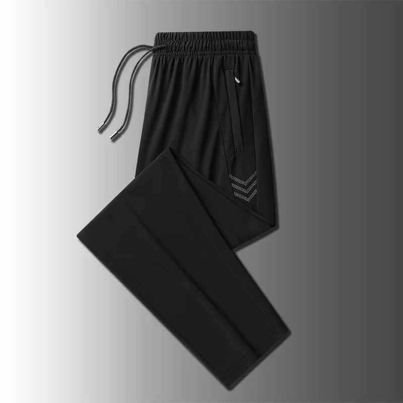 Calça esportiva casual de seda gelo masculina, Fina, Zíper, Secagem rápida, Legging longa respirável, Plus, verão