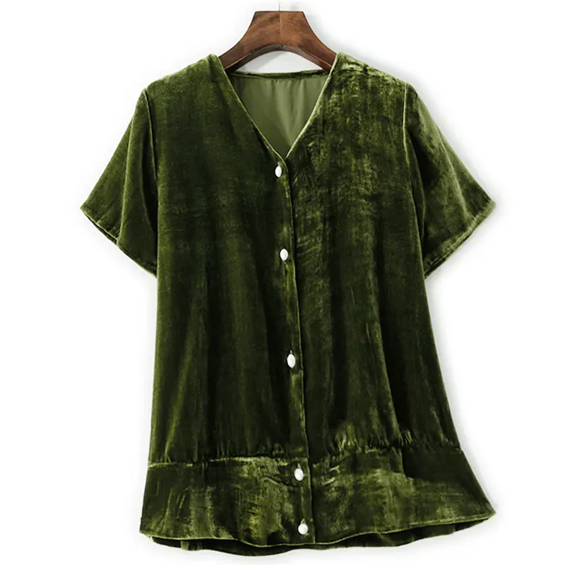 ضوء فاخر النمط الفرنسي يغطي البطن التخسيس الخامس الرقبة التوت الحرير المخملية الأعلى الحرير الحقيقي المخملية قصيرة الأكمام حجم كبير