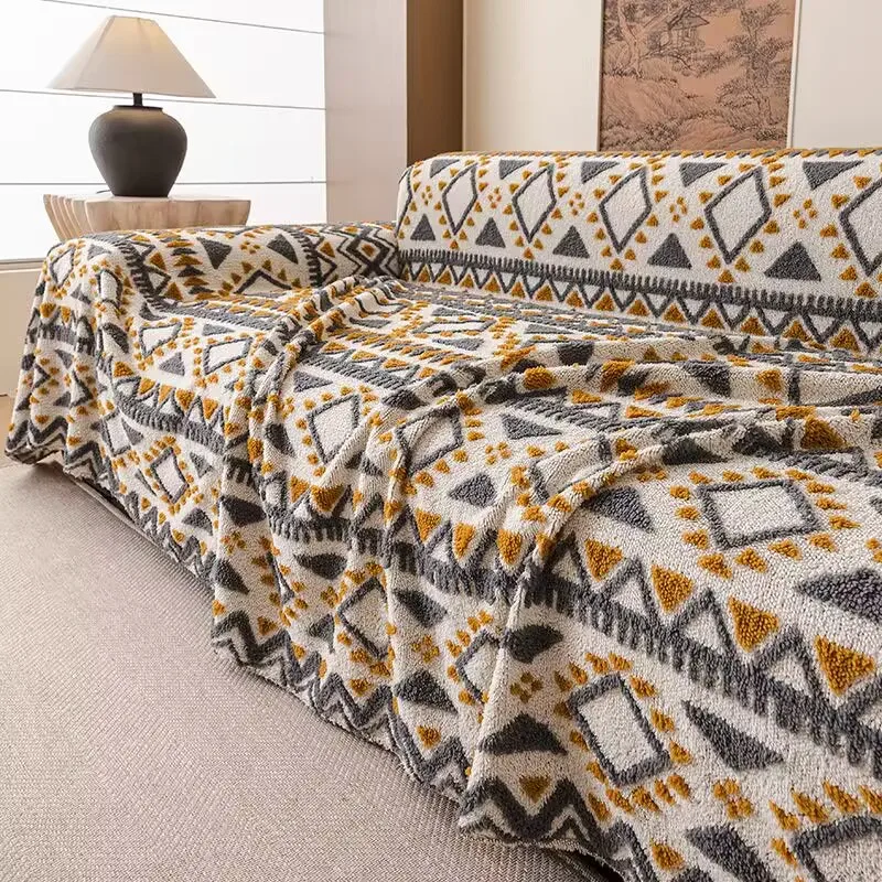 Machine Washable Coral Fleece Sofa Cover Triangle Yarn-Dyed Full Coverage Dustproof Seat Slipcover Couch Sectional Sofa Blanket