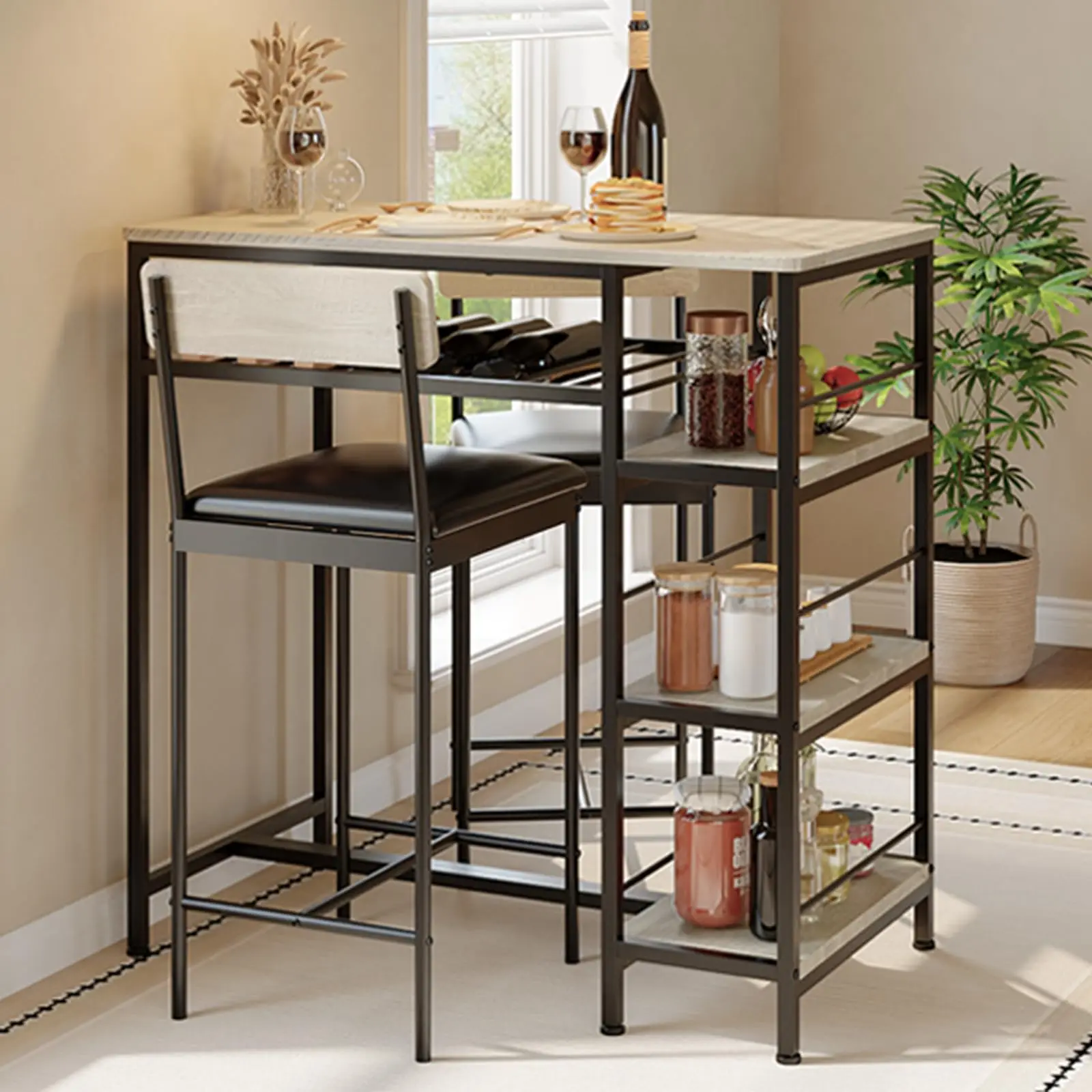 

3-Piece Modern Dining Set, Dining Table With 2 Upholstered Bar Stools, Bar Table With Metal Frame And Built-In Wine Rack For