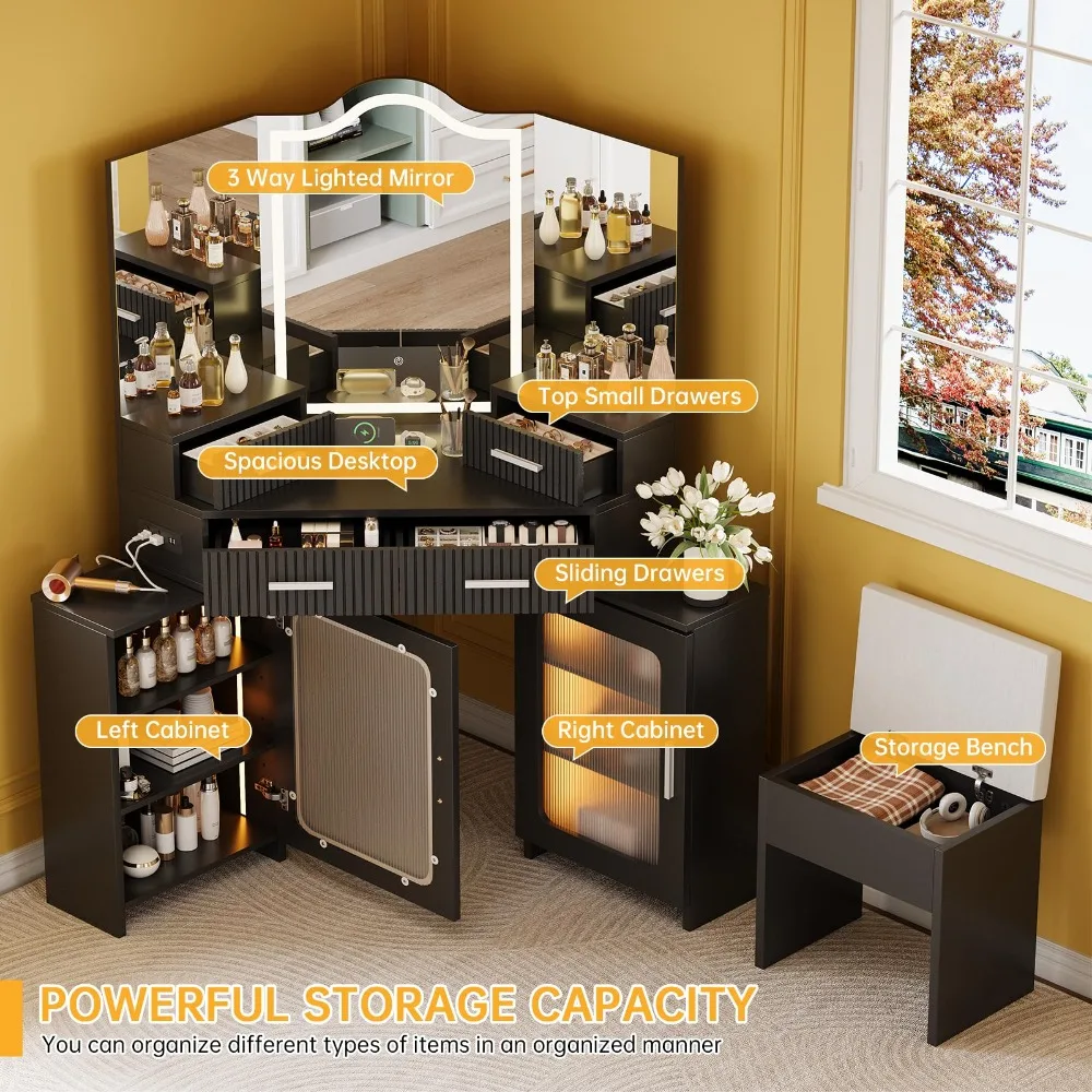 Corner Vanity with Mirror and Lights, Vanity Set with Tri-Way Mirrors