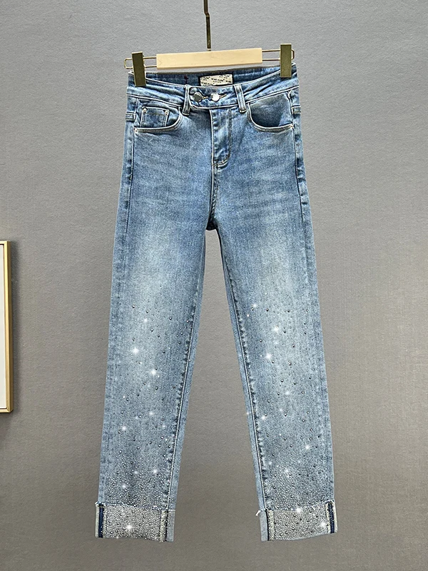 

Женские джинсы с высокой талией, утягивающие, с декором из страз, прямого кроя, длиной 7/8, весна-лето, новые, из эластичного хлопка