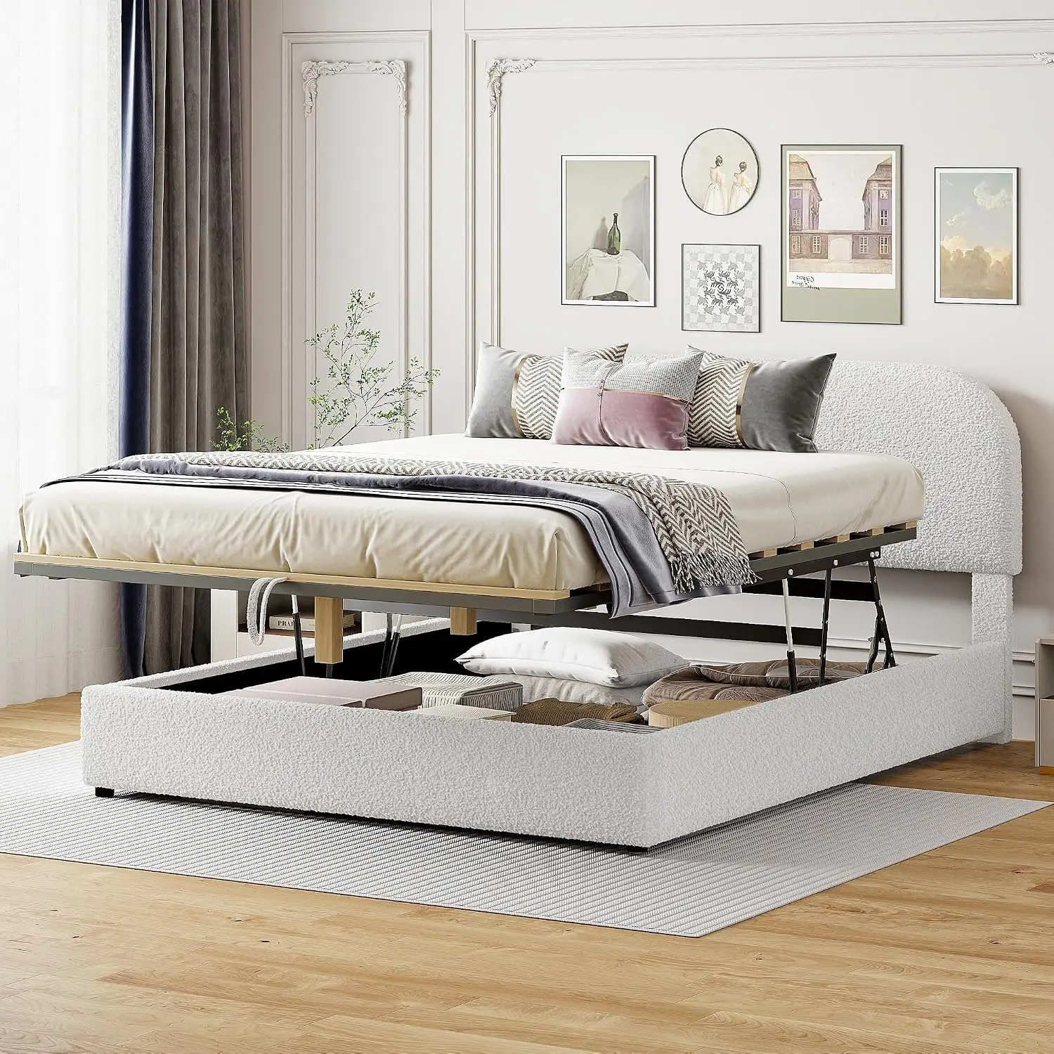 Teddy Fleece Upholstered Platform Bed with Hydraulic Lift Storage, Queen Size, Customized - view 4