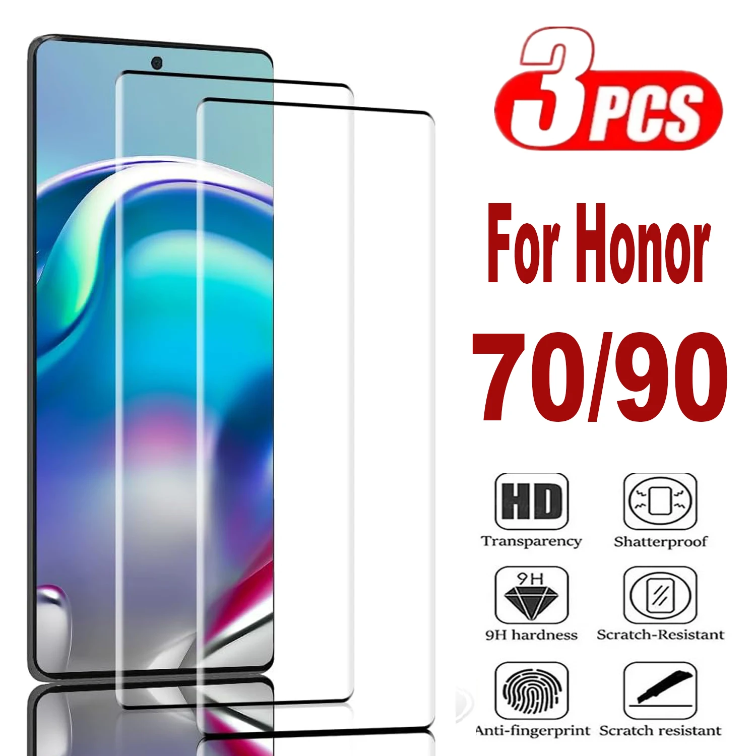 9H Curved Four Sides Glue Tempered Glass For Huawei Honor 90 70 3Pcs HD Screen Protector