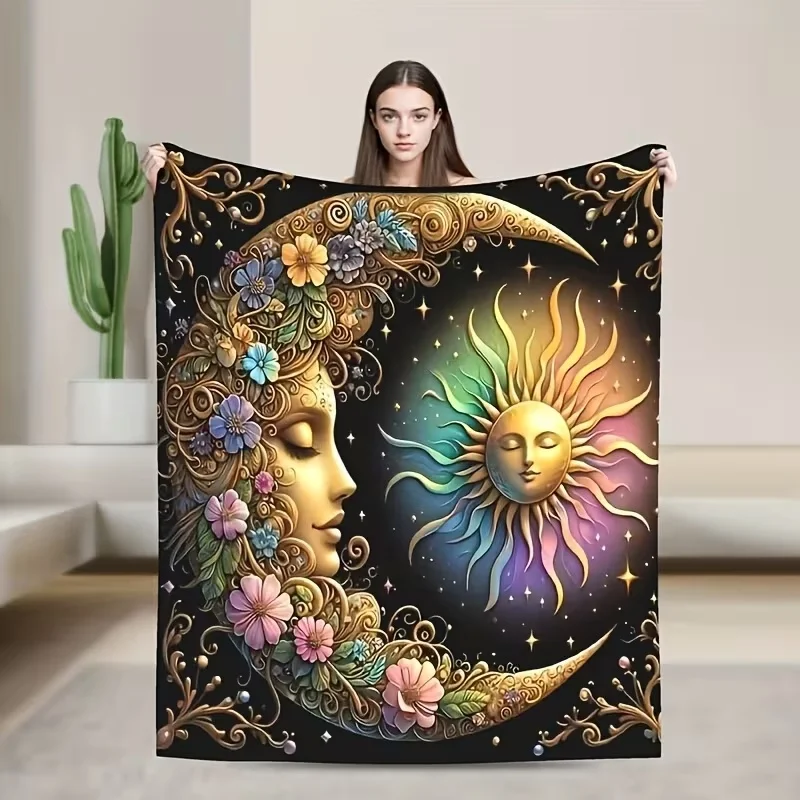 Bohemian Sun Moon Face Star Swirl Pattern Print, Soft Cozy Decor Blanket for Sofa Bed, Mystic Aesthetic Stylish
