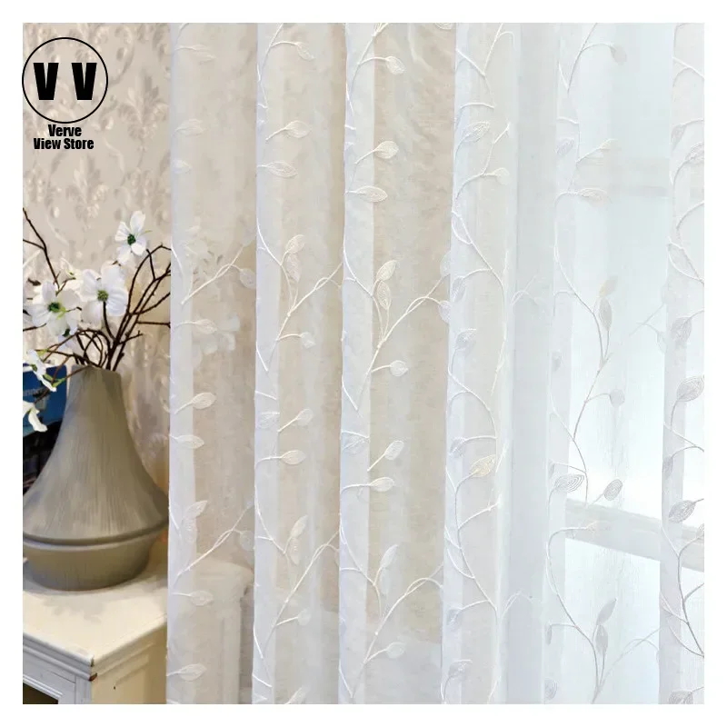 

Modern Embroidered White Voile Curtains for Living Room Leaves Tulle Fabrics Bedroom Window Treatment Custom Drapes Kitchen