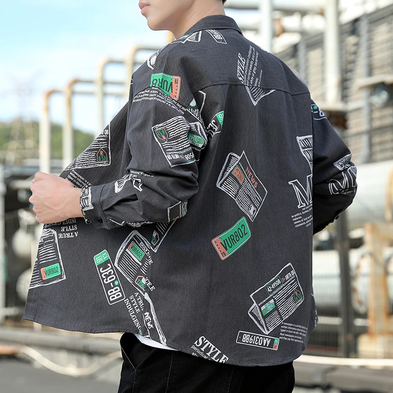 

Мужская свободная рубашка с длинным рукавом, модная, с принтом, повседневная, молодежная, из смесового хлопка и полиэстера, не требует глажки