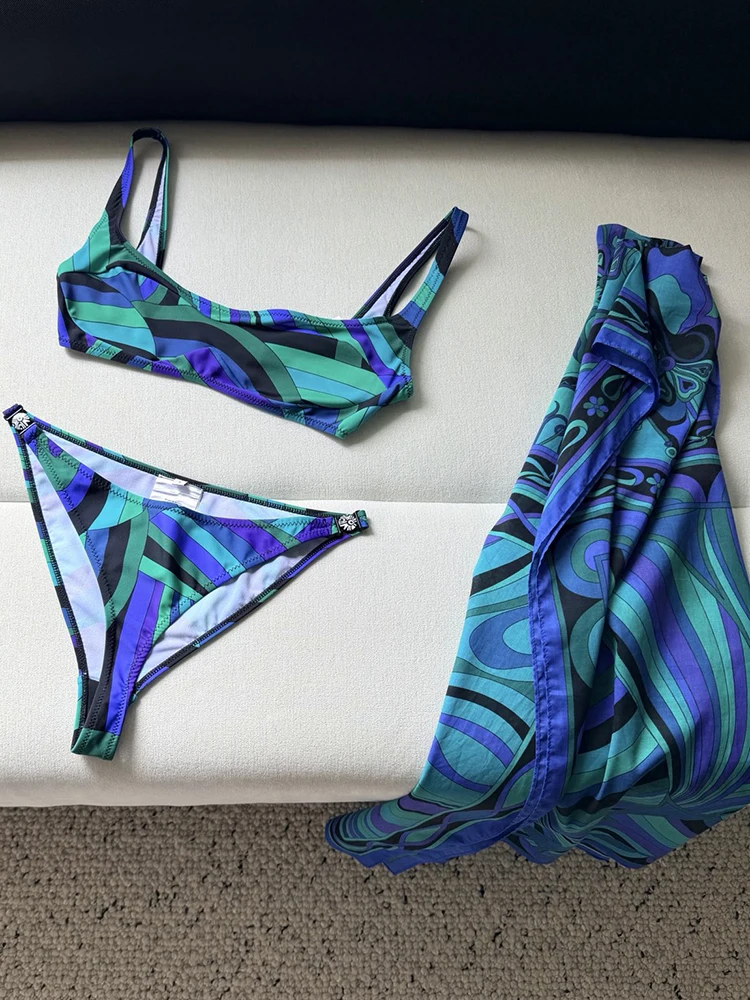 Summer Fashion Beach Resort Geometric Print Sexy Slim Bikini Set Women's Metal Buckle Spaghetti Strap Tops + Low-waist Shorts