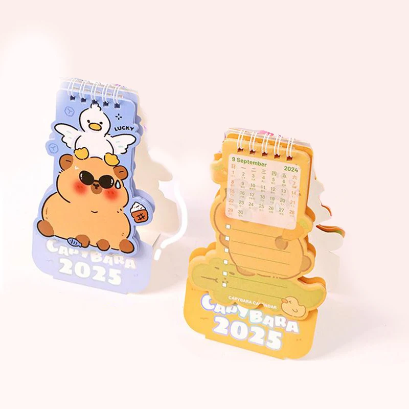 2025 Mini Simple Capybara Desktop Calendar Cute Cartoon Pattern Portable Calendar Dual Daily Scheduler Table Planner Desk Gift