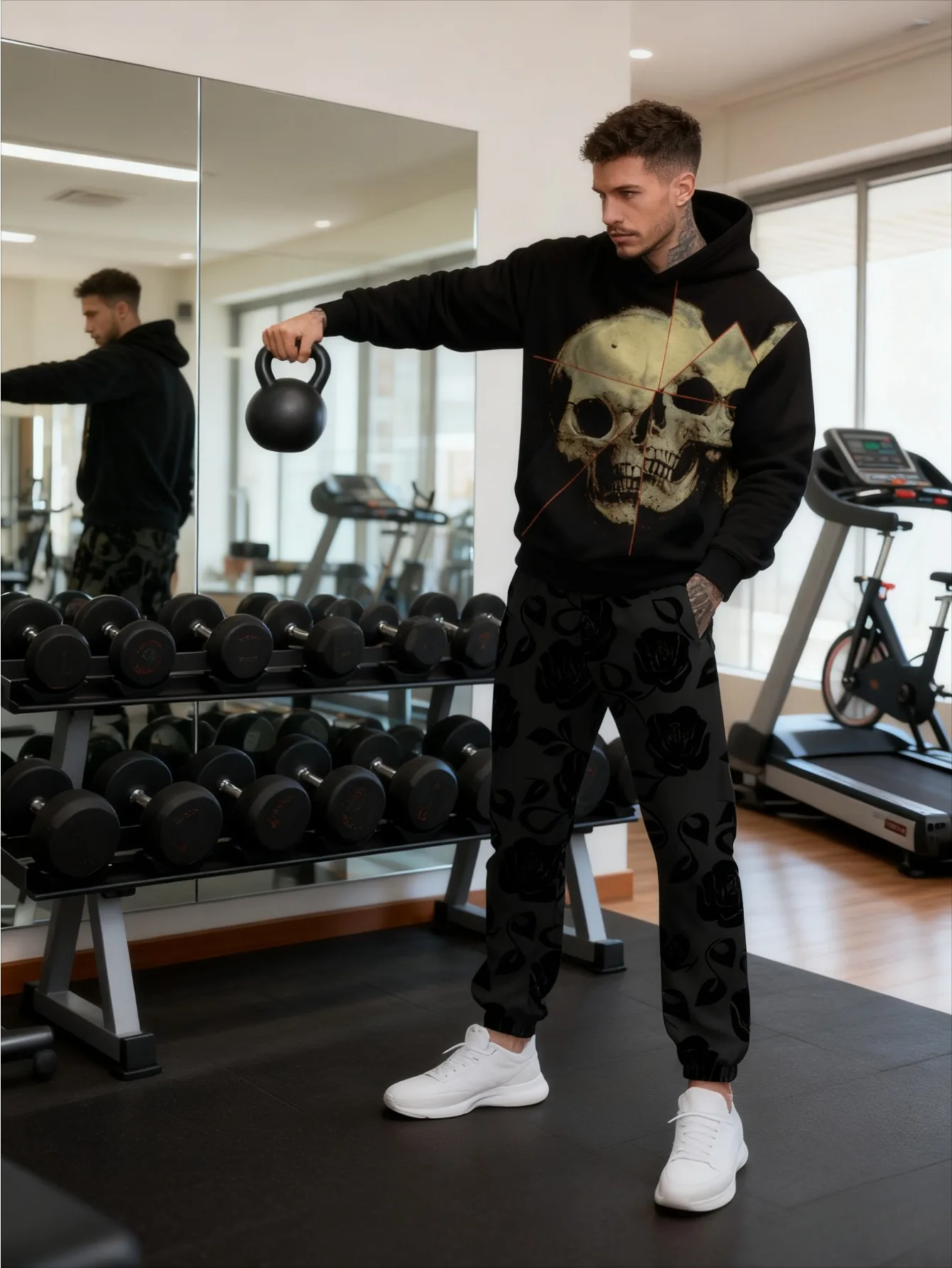 طقم بغطاء للرأس عصري مطبوع رقميًا للرجال مكون من قطعتين