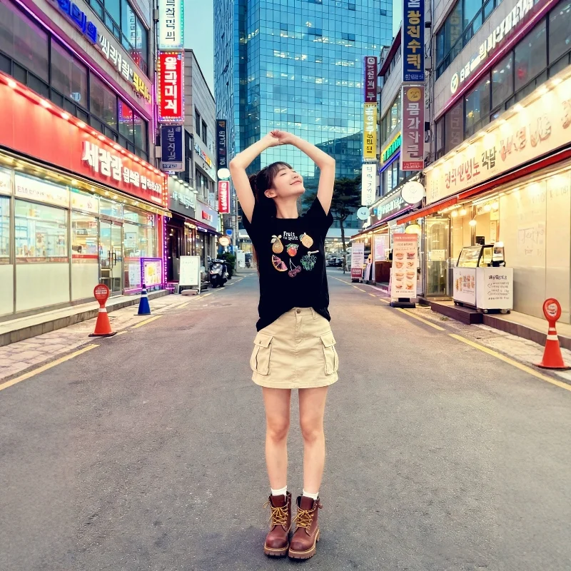 

Оригинальная модная уличная черная футболка с коротким рукавом для женщин с драгоценными камнями и бриллиантами, фруктовым принтом, футболка с коротким рукавом в европейском стиле