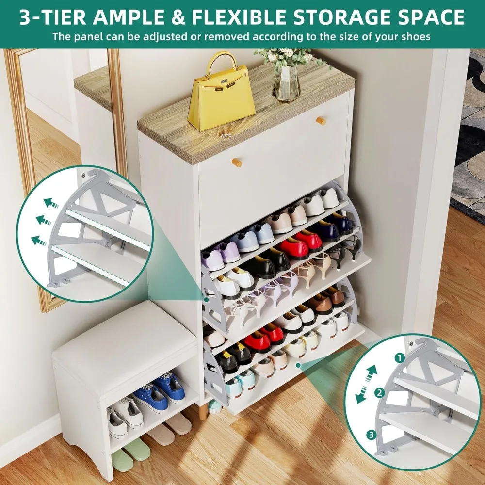 Modern Entryway Shoe Cabinet: 3 Flip Drawers + Shoe Bench | Freestanding Hidden Storage Rack & Slim Organizer