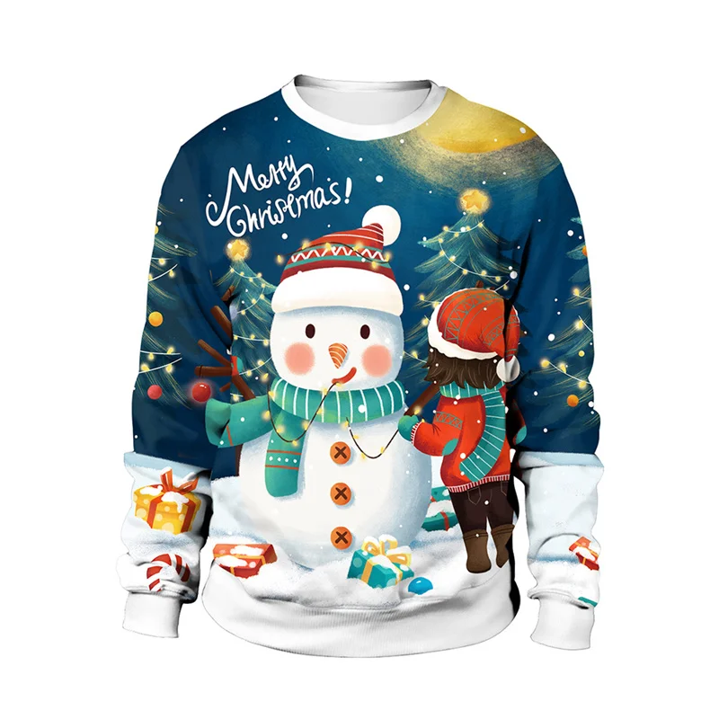 3D Printed Christmas Tree Sweatshirt For Men Snowman Cat Dog Pattern Pullover Casual Loose Round Neck Long Sleeve Tops Hoodies