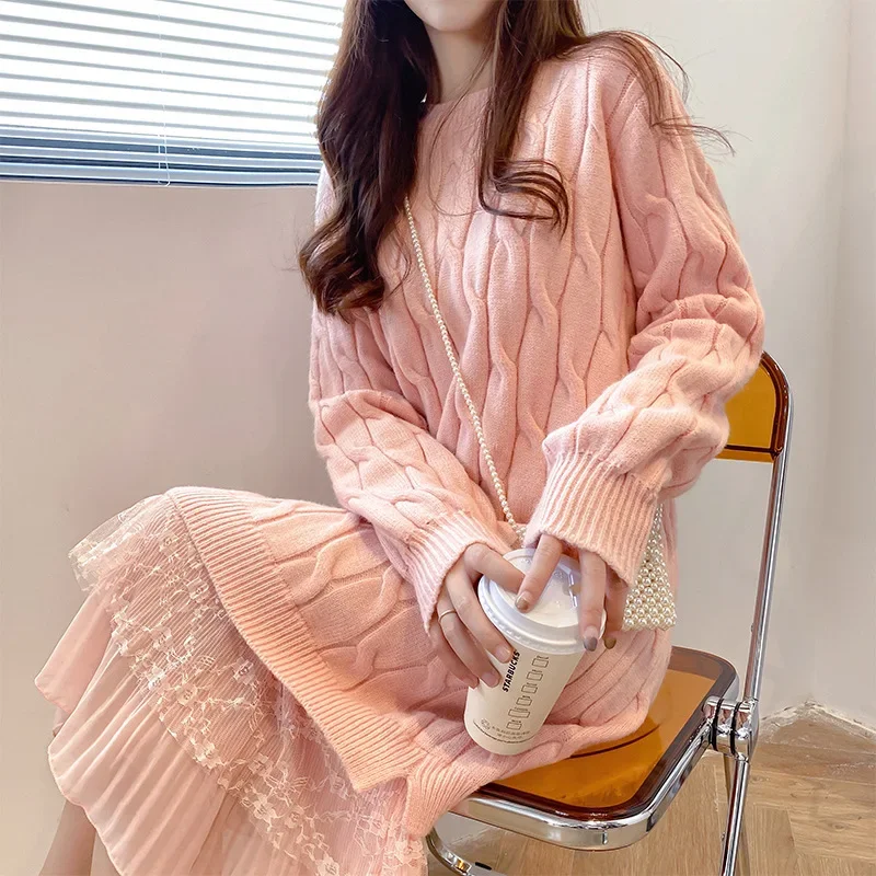

Elegant Pink Dress Women Autumn Winter New Knit Sweater Fashion Lace Splicing Loose O-neck Long-sleeve Korean Lady Dresses White
