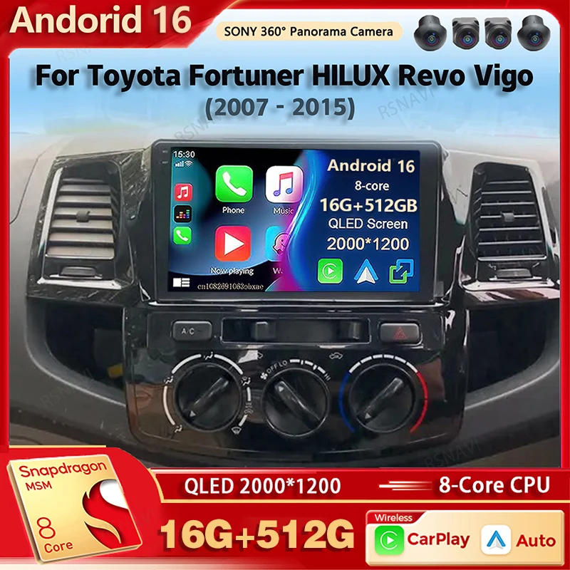 Radio Multimedia Android 16 para Auto, Reproductor para Toyota Fortuner HILUX Revo Vigo 2007-2015, Auto Carplay, Estéreo para Auto, BT, wifi+4G, Voz Ai