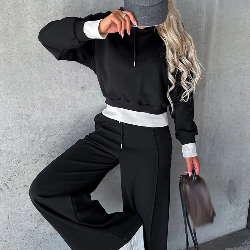 

Fashion Comfortable Hooded Women Tracksuit 2Pc Set Casual Street Solid Simple Suits New Loose Hoodie Straight Long Pants Outfits