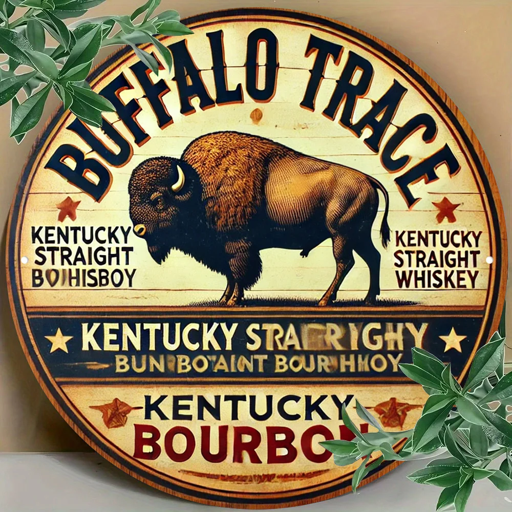 Letrero metálico con impresión HD de whisky Bourbon Kentucky Straight de Buffalo Trace, diseño circular retro con relieve 3D