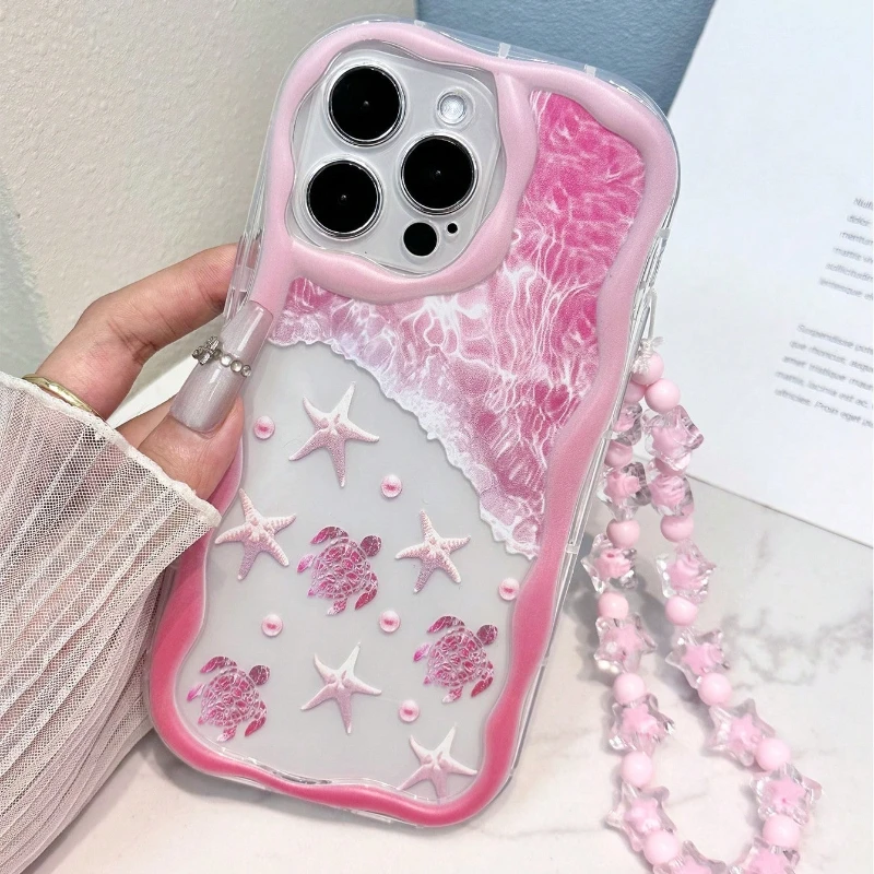Funda de verano con tortuga y elementos marinos, borde ondulado para iPhone 17 16 15 14 13 12 11 Pro Max Plus 17E, clara con cuerda de cuentas, cubierta suave 6