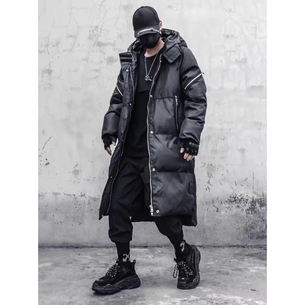 2024 inverno preto funcional parkas jaqueta grossa blusão masculino com capuz longo acolchoado casacos streetwear hip hop quente techwear