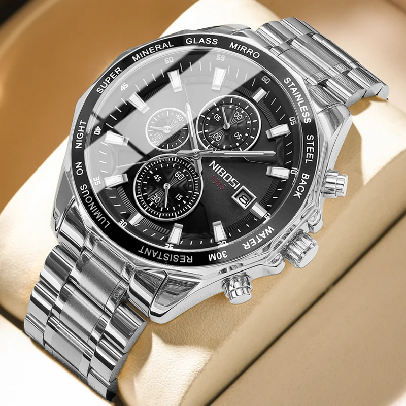 NIBOS Sport Big Dial Mens Watches Top Brand Luxury Stainless Steel Waterproof Chronograph Quartz Watch for Men Relogio Masculino