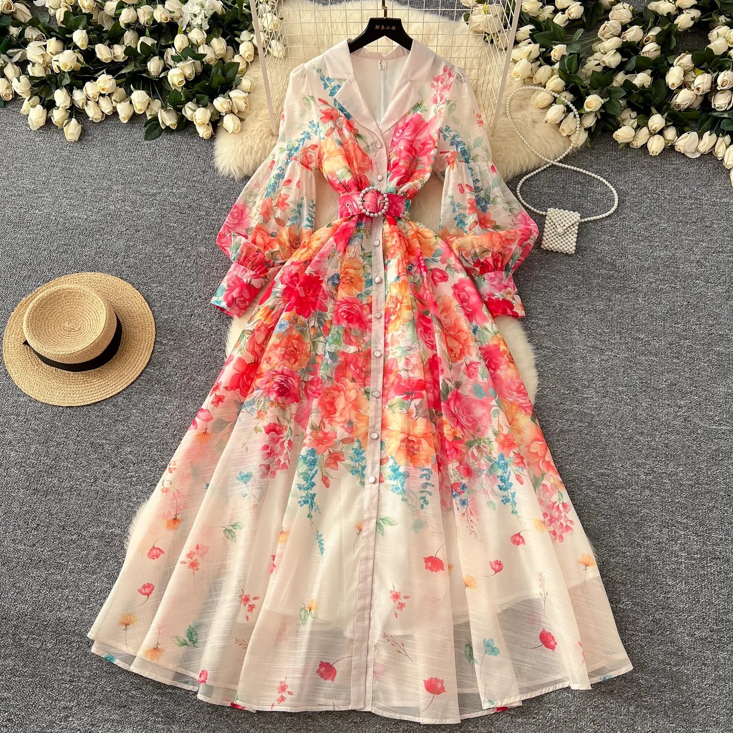 2023 frühling Runway Strand Maxi Kleid frauen Kerb Kragen Langarm Einreiher Blumen Druck Gürtel