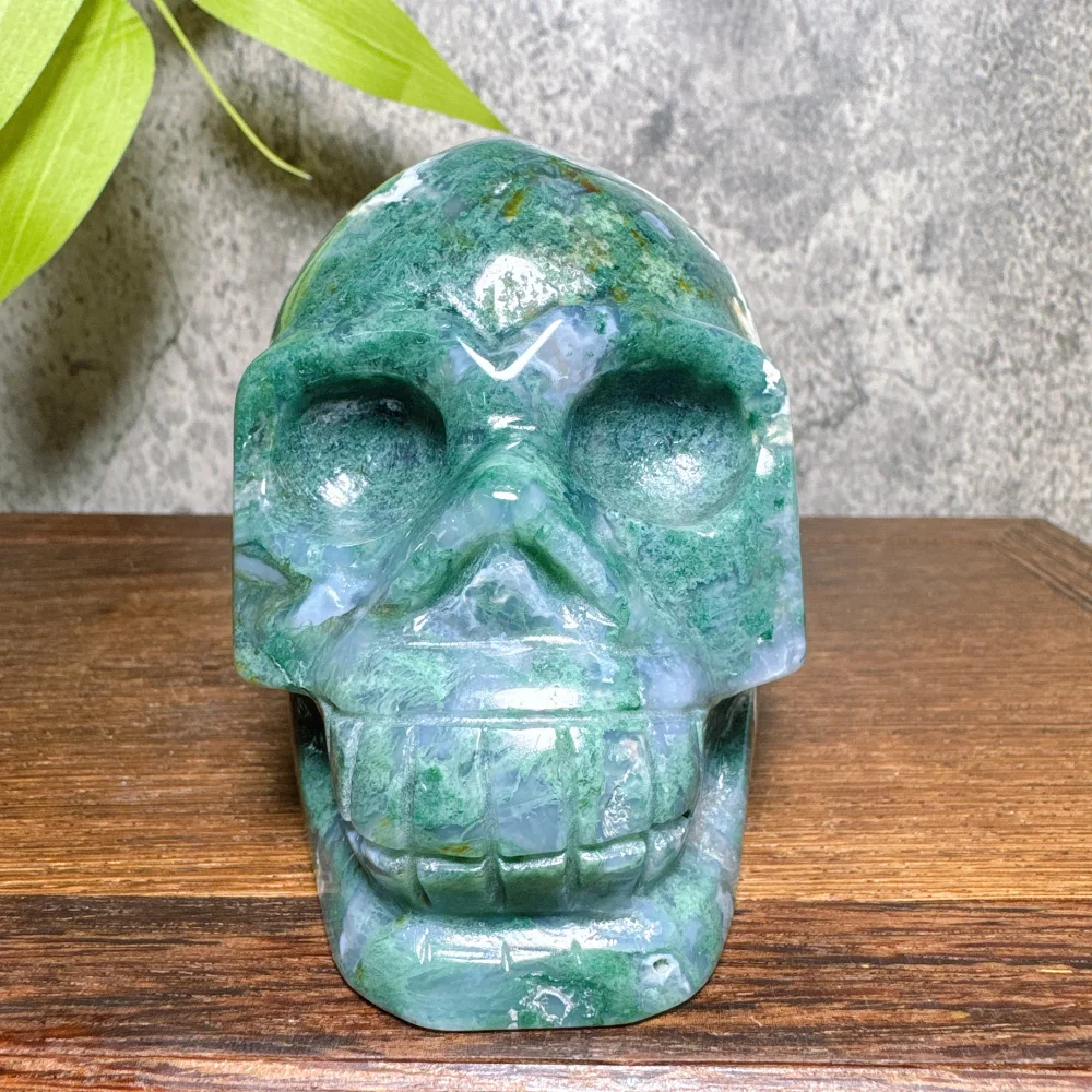 Skull Made from Natural Moss Agate Crystal Polished Raw Stone Perfect for Halloween Ghost Themed Decor Crystal Collection
