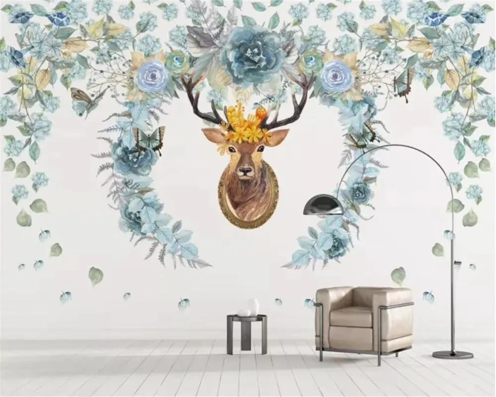 

Custom wallpaper Vintage Elk Hand Drawn Floral Photo painting wall home decoration background wall mural 3d wallpaper фотообои