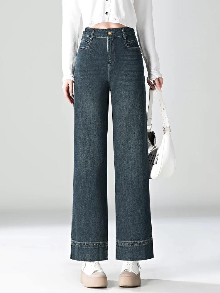 

Retro Slim Wide Leg Denim Jeans Women's Autumn Winter High Waist Drape Casual Pants Nine Points Fleece Straight Leg Pants