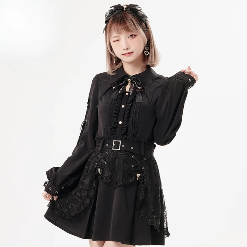 Japanese Lace Drill Bucket Belt Double Layer Skirt Women High Waist Slim-Fit Elegant Lolita Mini Skirt Office Lady Black Skirts