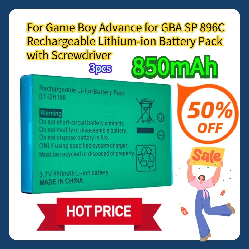 

For Game Boy Advance for GBA SP 896C Rechargeable Lithium-ion Battery Pack with Screwdriver 850mAh 3pcs