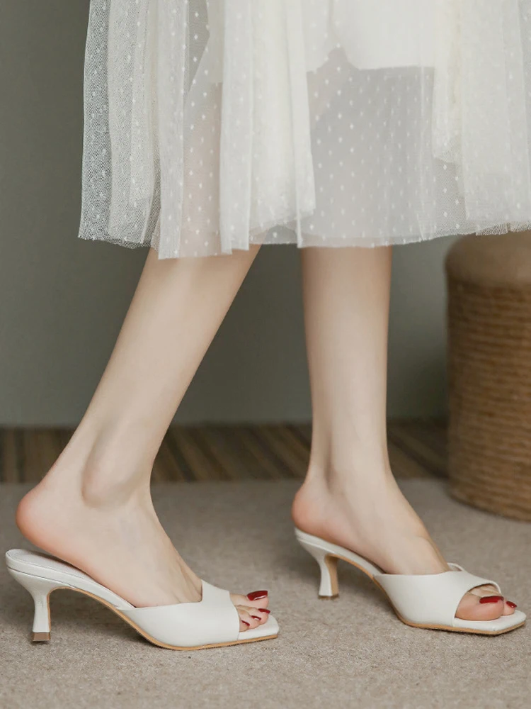 

FSMG Vintage Genuine Leather 6cm thick High Heels Slippers Summer Women's Square Head open toe Sandals French Sweet Ladies Shoes