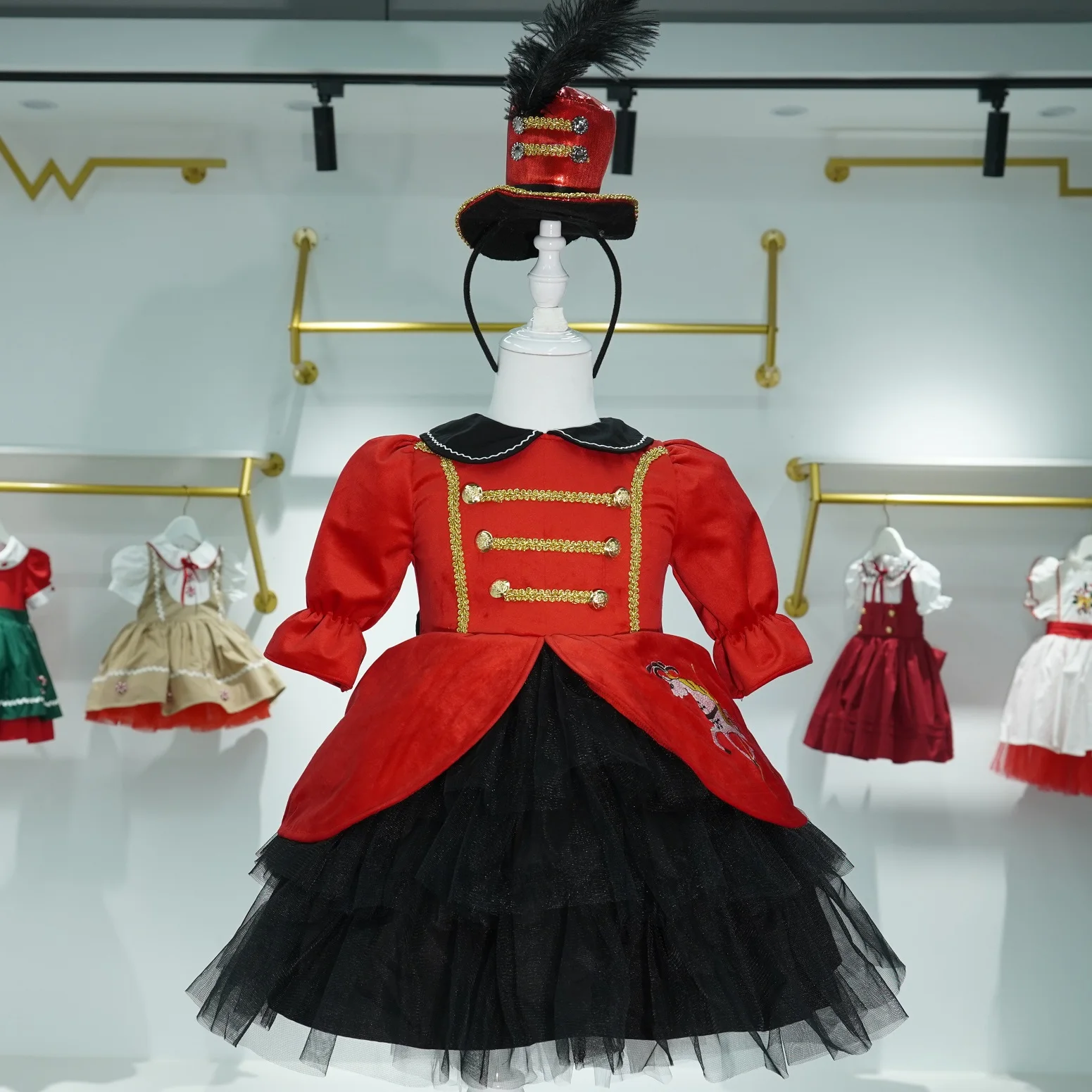 Baby Girl Autumn Red Merry-go-round Embroidery Vintage Spanish Princess Ball Gown Dress for Causal Party Holiday Christmas C97