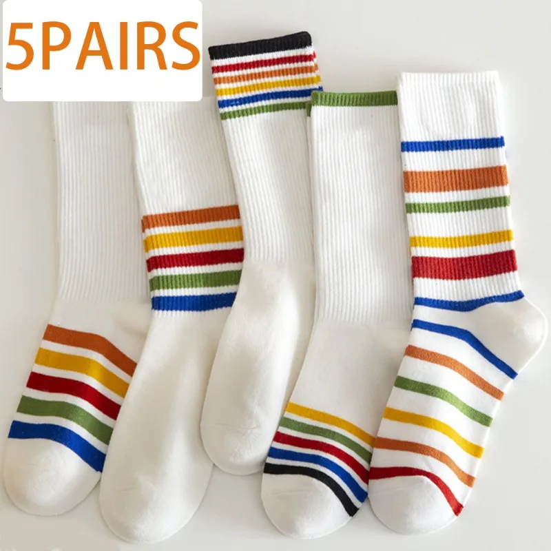 

Cotton Rainbow Stripes Socks Autumn Winter Women Fashion Casual Warm Mid-tube Socks White Absorbent Breathable Sports Sockings