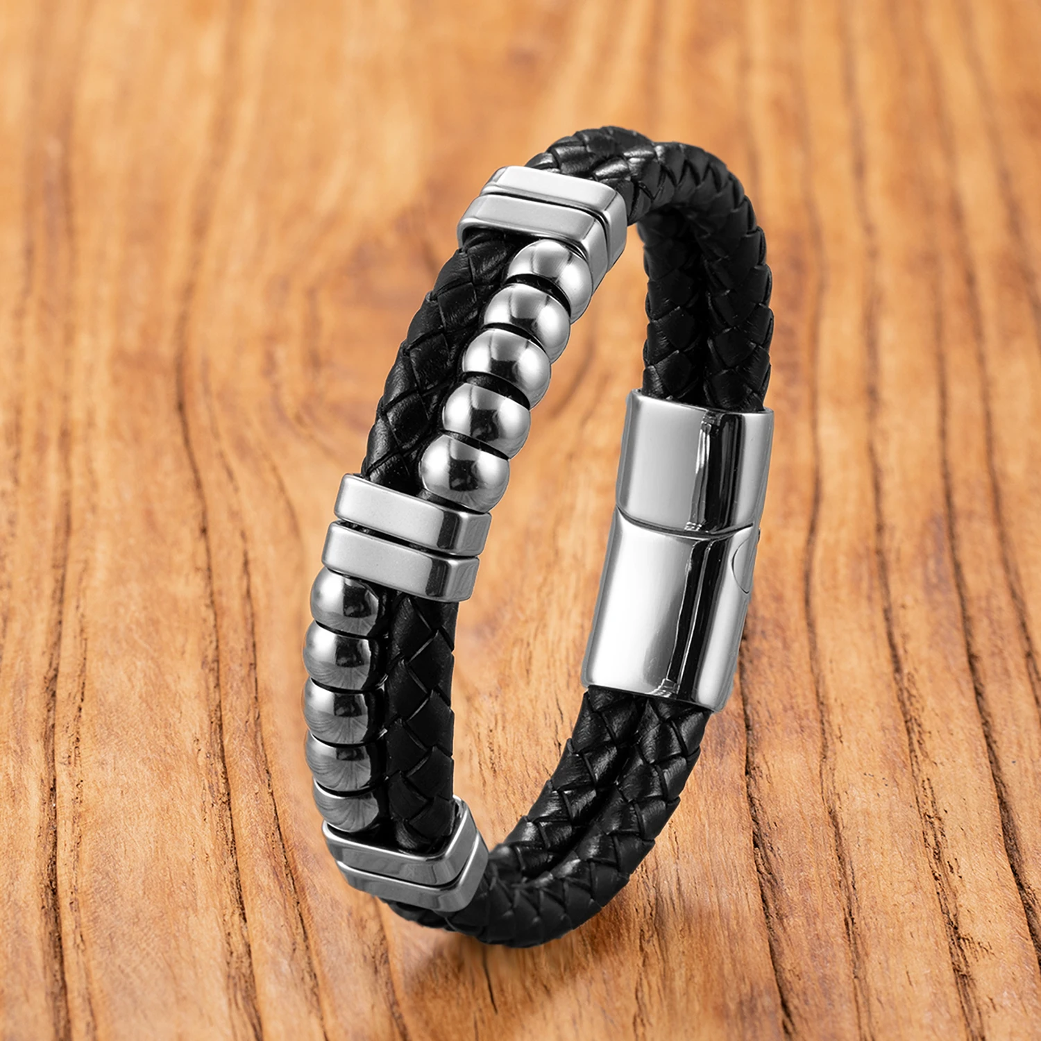 Edelstahlarmband mit Lederband, Unisex-Schmuck für Männer und Frauen, Alltagstaugliches Casual-Boho-Stil-Geschenk – Detail 2