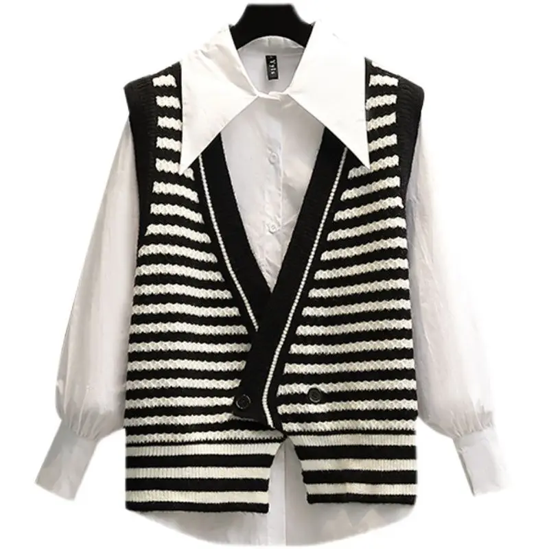 2022 Black White Striped Pants Set Casual Vest Shirt Teousers Three Piece Set Elegant Women\'s Tracksuit Female Clothing