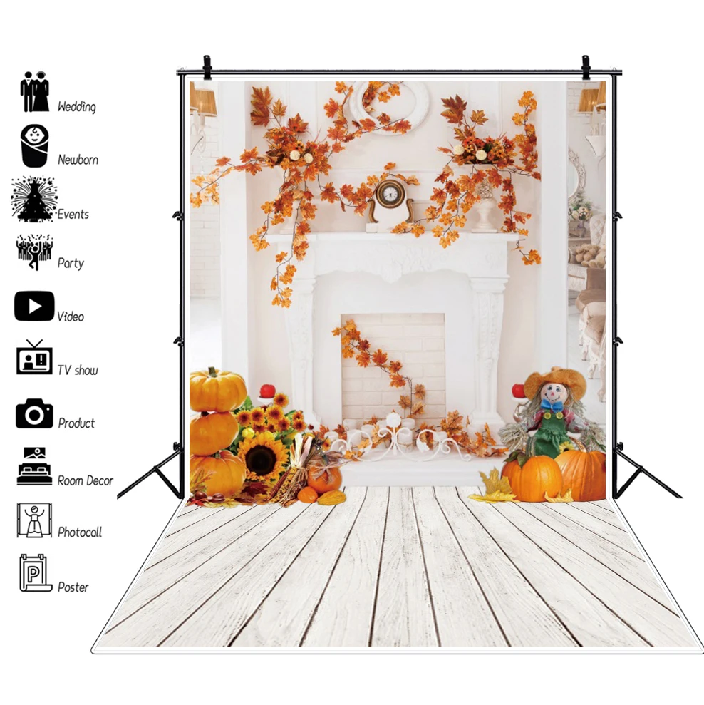 

Halloween Photography Backdrop Fall Maple Leaves Autumn Pumpkin White Fireplace Bat Baby Child Portrait Photoshoot Background