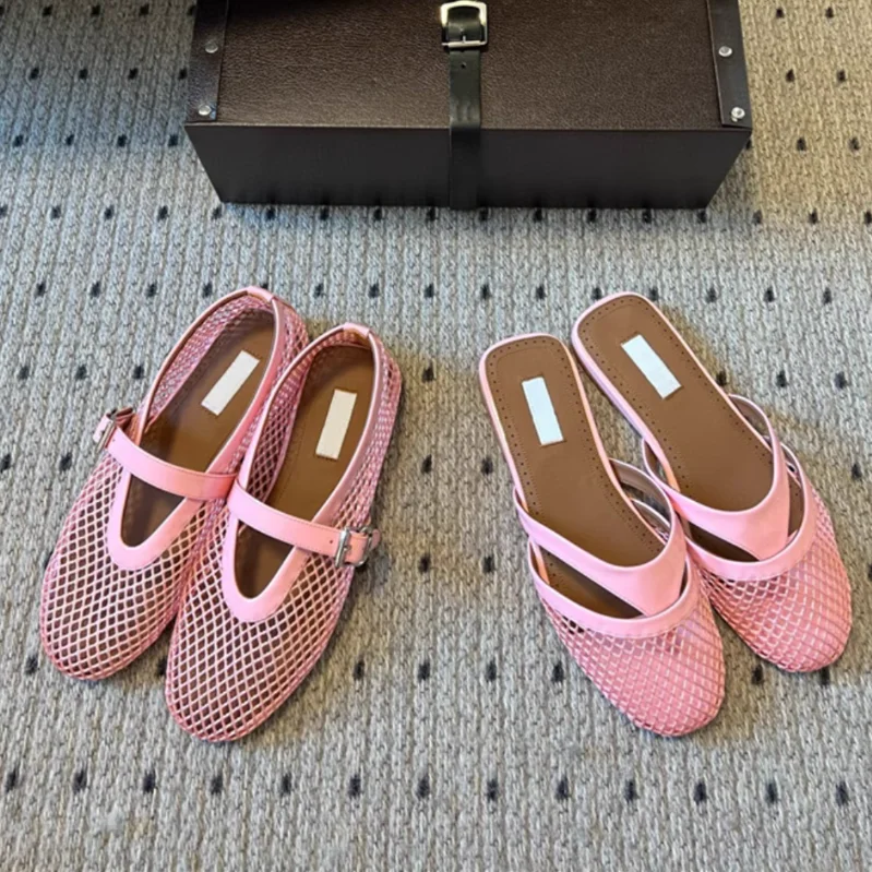Designer Brand Original Wye Buckle Ballet Shoes With Female Hollow Flat Bottom Pink Fishing Net Mary Jane ShoesE