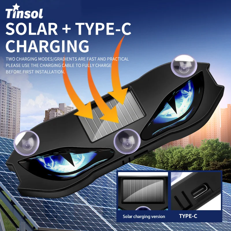 TINSOL Solarbetriebene Blinkende Warnleuchten für Autos, Demon Eye Emoji-Leuchten, Modifizierte LED-Umgebungsleuchten für die Heckscheibe