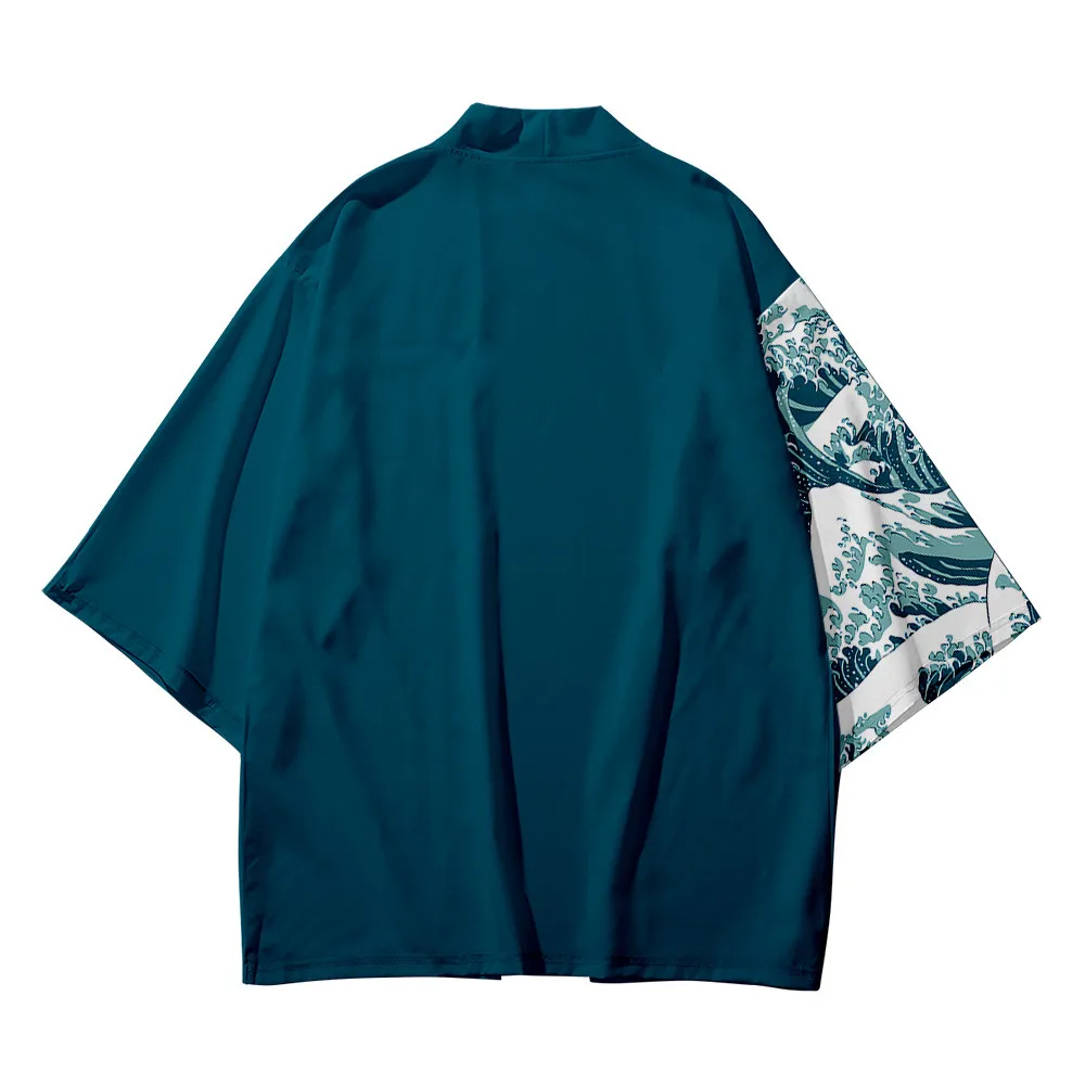 Kids Kimono Cardigans Japanese Ukiyoe Sea Wave Loose Fit Open Front Shirt Kimono Boys Blue Casual Summer shirt Beach Shirt