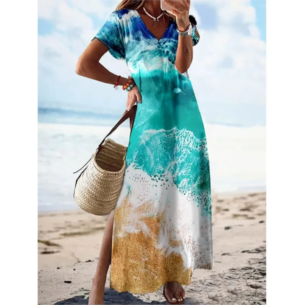 Vintage Floral Elegant Maxi Dress For Women Summer Fashion V Neck Short Sleeve Split Boho Long Dress Party Beach Dresses