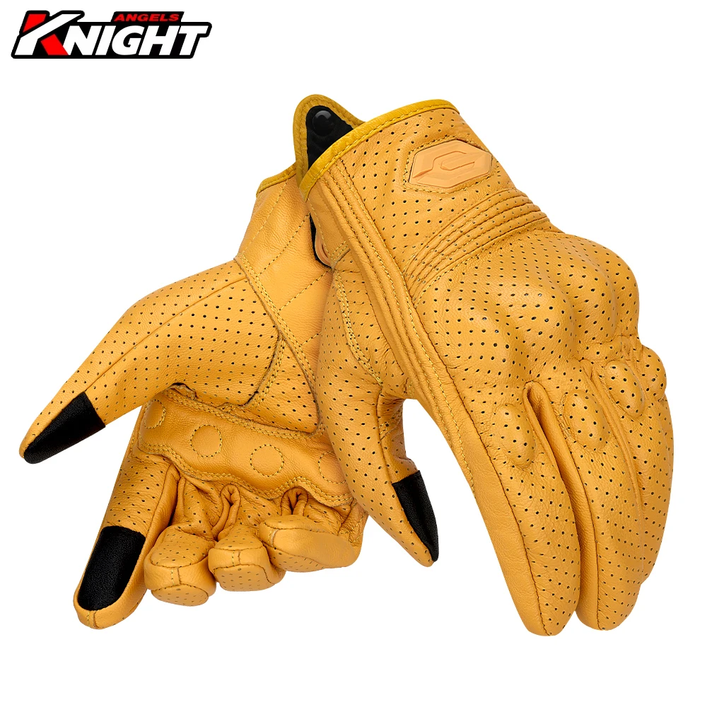 

​Vintage Leather Motorcycle Gloves Summer Perforated Breathable Motorbike Motocross Gloves Touchscreen All Fingers Gloves