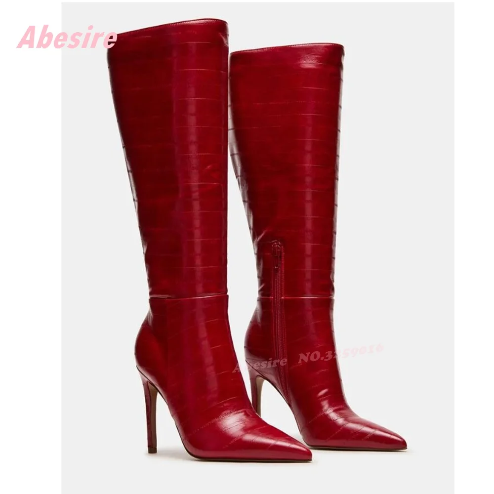 Red Patchwork Stiletto Heels Boots Pointy Toe Side Zipper Knee High Boots for Women Solid Leather Winter Casual Shoes 2025 Sexy