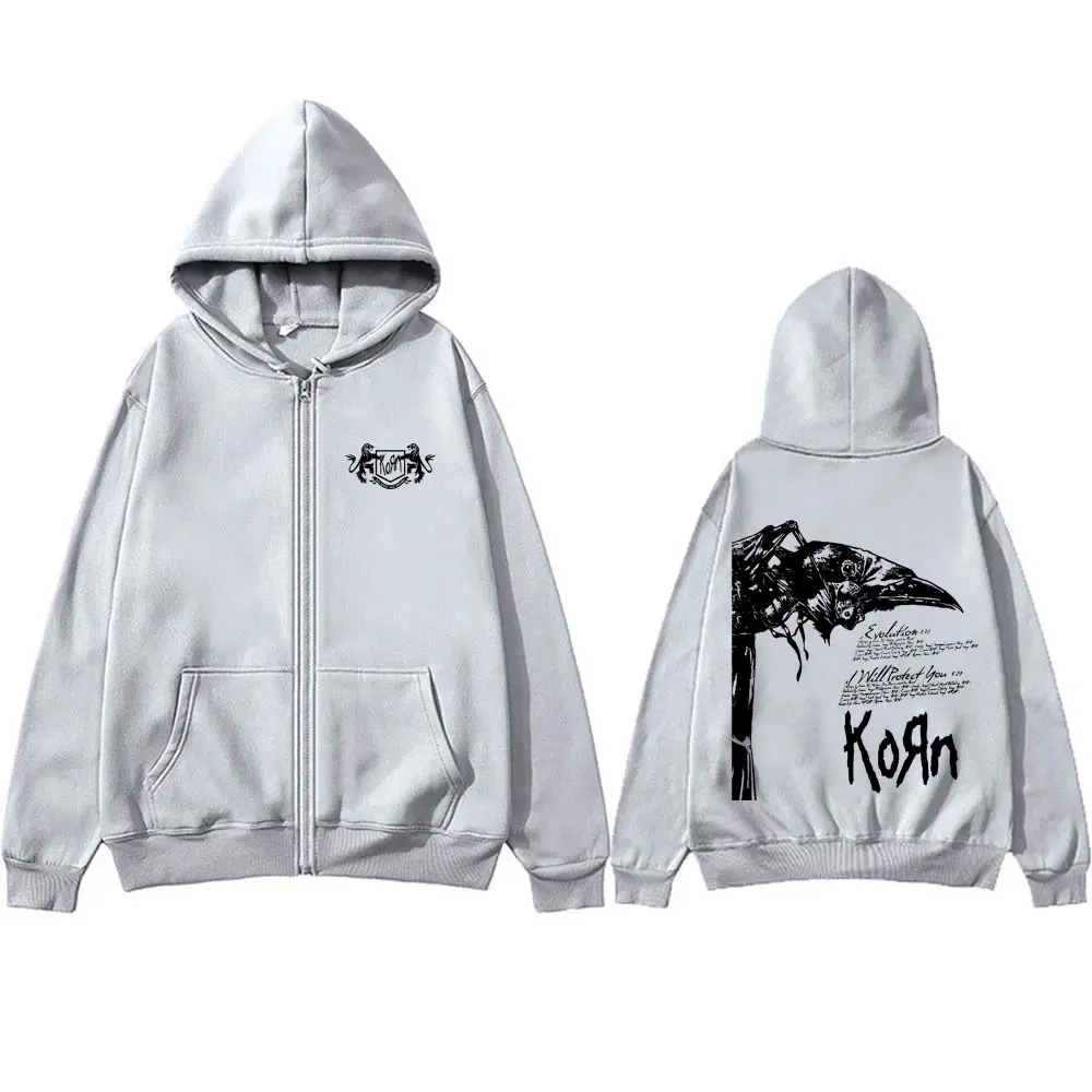 Rock Band Korn grafis ritsleting Hoodie pria 90s alternatif logam musik Zip Up jaket pria Vintage ukuran besar bulu Zip Up Hoodies