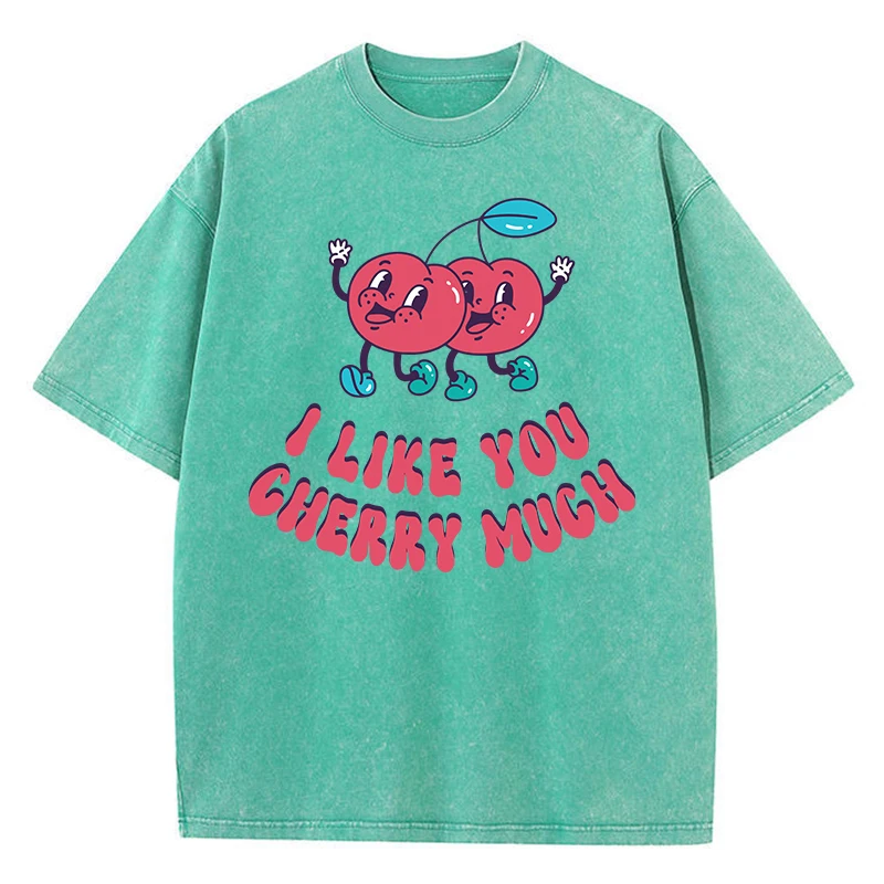 I Like You Cherry Much Print Men Washed Clothing Breathable Summer T-Shirt Street Fashion Tops Distressed O-Neck Cotton Clothes