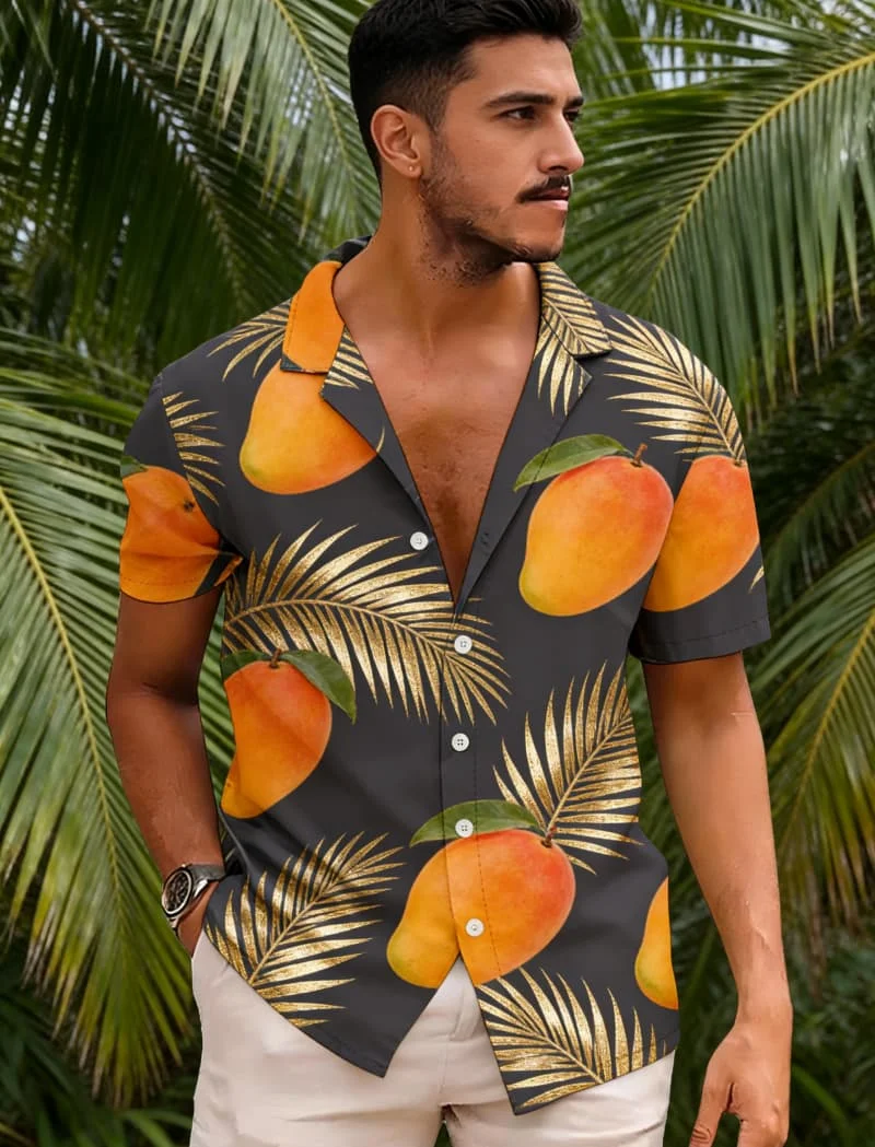 

Men's high-end tropical fruit and animal printed short sleeved shirt, casual and fashionable vacation style, and daily outings